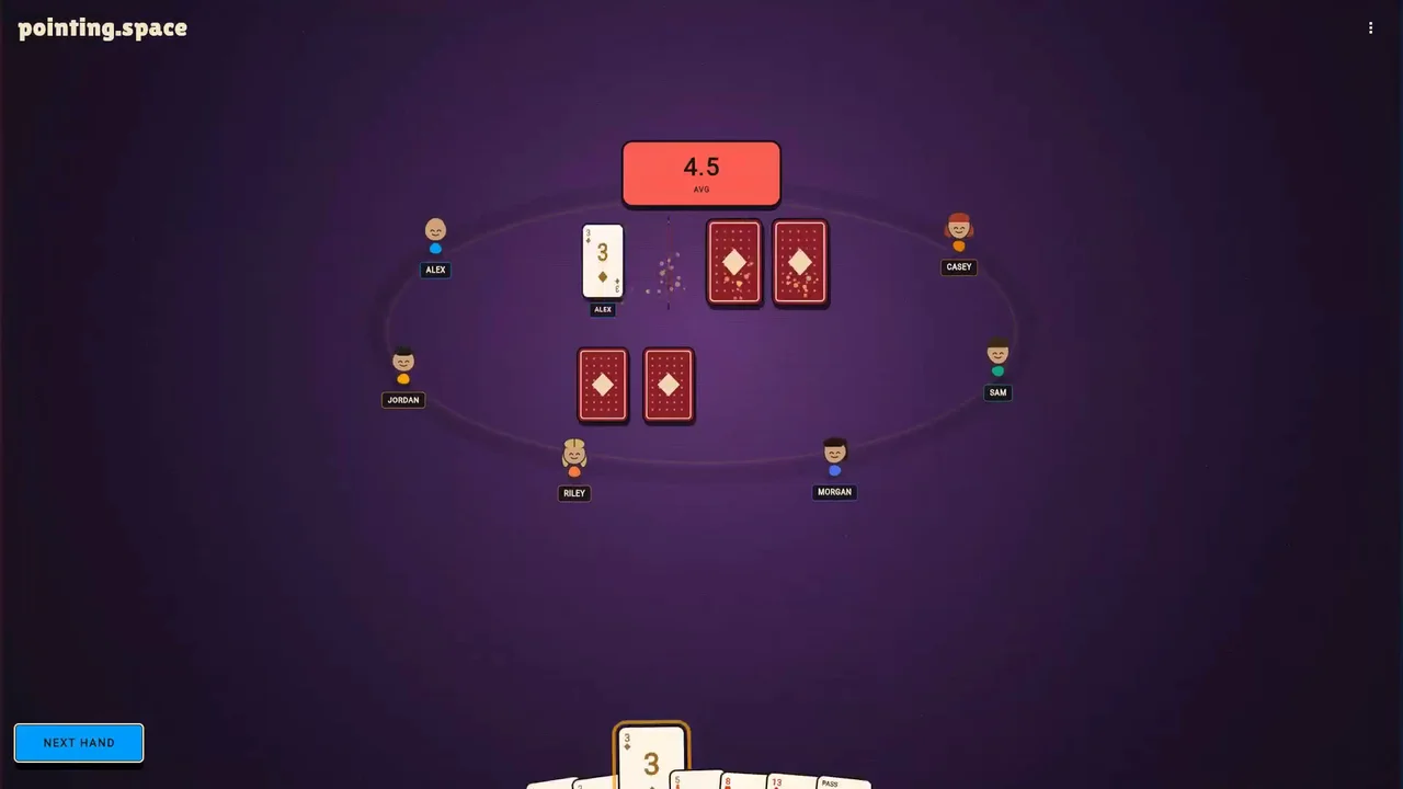 Planning poker reveal with story point cards face up on the table
